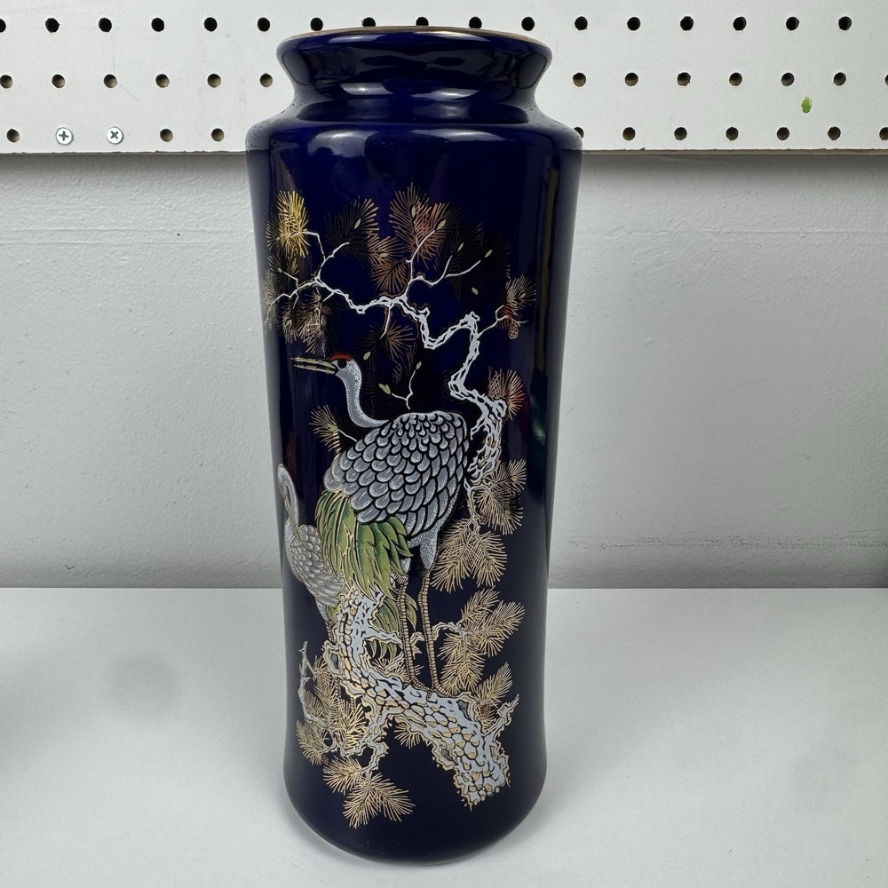 Vtg 1960s Cobalt Blue Japanese Crane Vase Gold Trim Porcelain Japan 11"